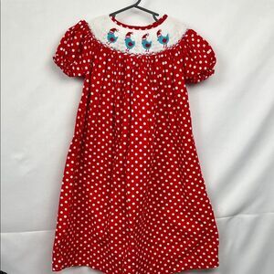 Surcie handmade smocked embroidered red white polka dot cotton corduroy sress
